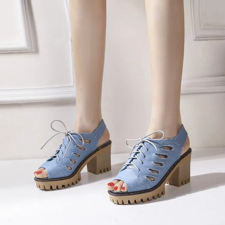 Women's's Denim Peep Toe Chunky Heel Platform Sandals