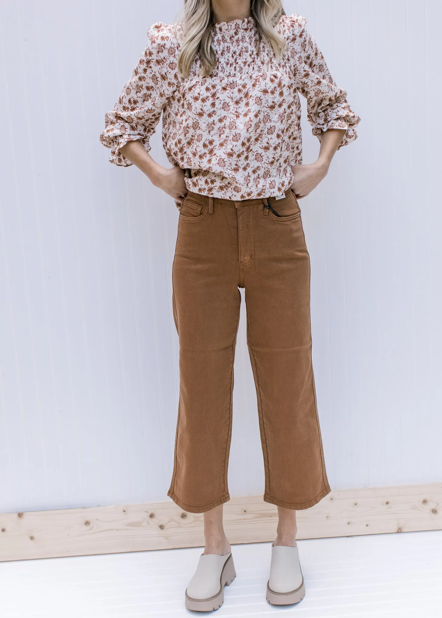 X Judy Blue Tummy Control Camel Wide Leg Crop