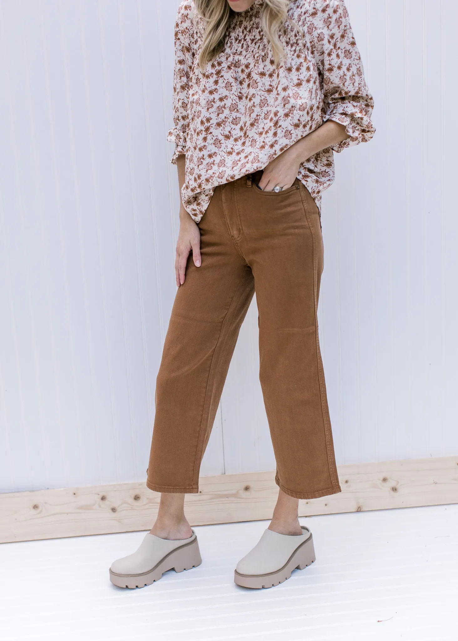 X Judy Blue Tummy Control Camel Wide Leg Crop