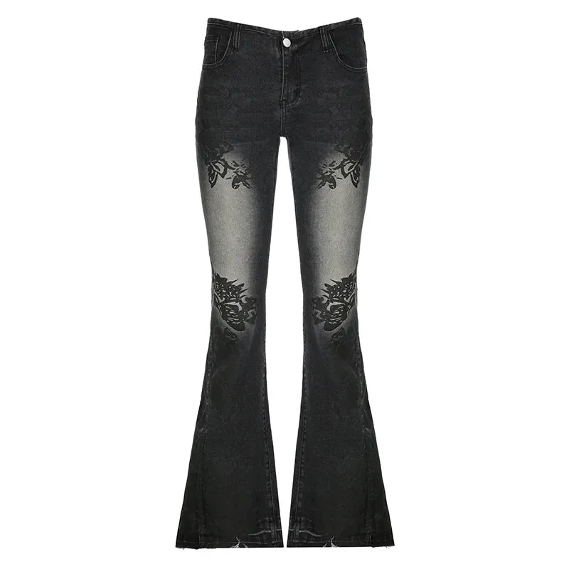 Y2K Distressed Flare Jeans Streetwear Floral Print Low Rise Slim Denim Pants Women's Trousers Retro Jeans