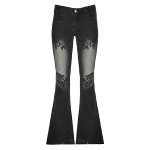 Y2K Distressed Flare Jeans Streetwear Floral Print Low Rise Slim Denim Pants Women's Trousers Retro Jeans