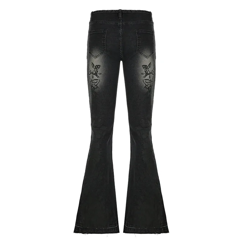 Y2K Distressed Flare Jeans Streetwear Floral Print Low Rise Slim Denim Pants Women's Trousers Retro Jeans