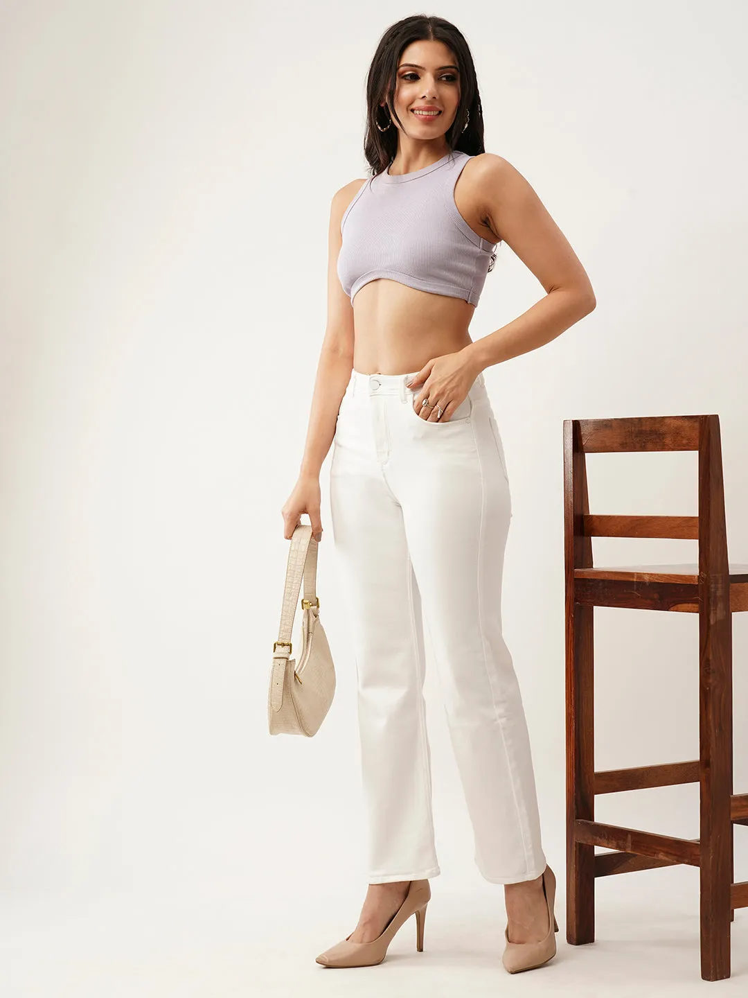 ZOLA Exclusive Ankle Length Denim Stretchable White Flared Jeans For Women