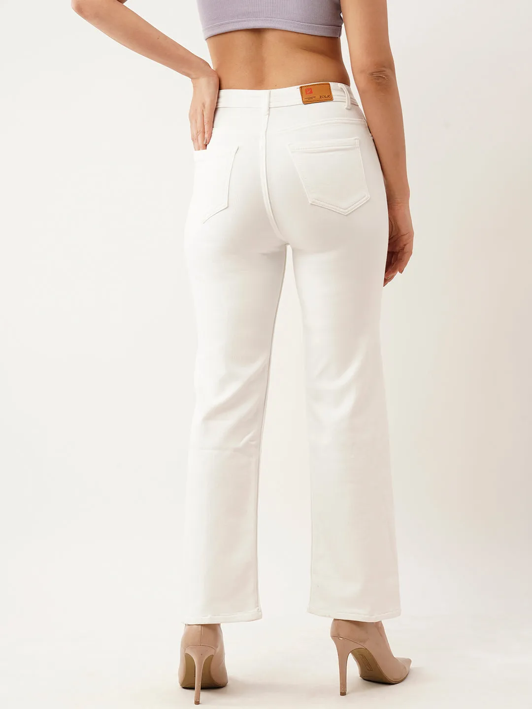 ZOLA Exclusive Ankle Length Denim Stretchable White Flared Jeans For Women